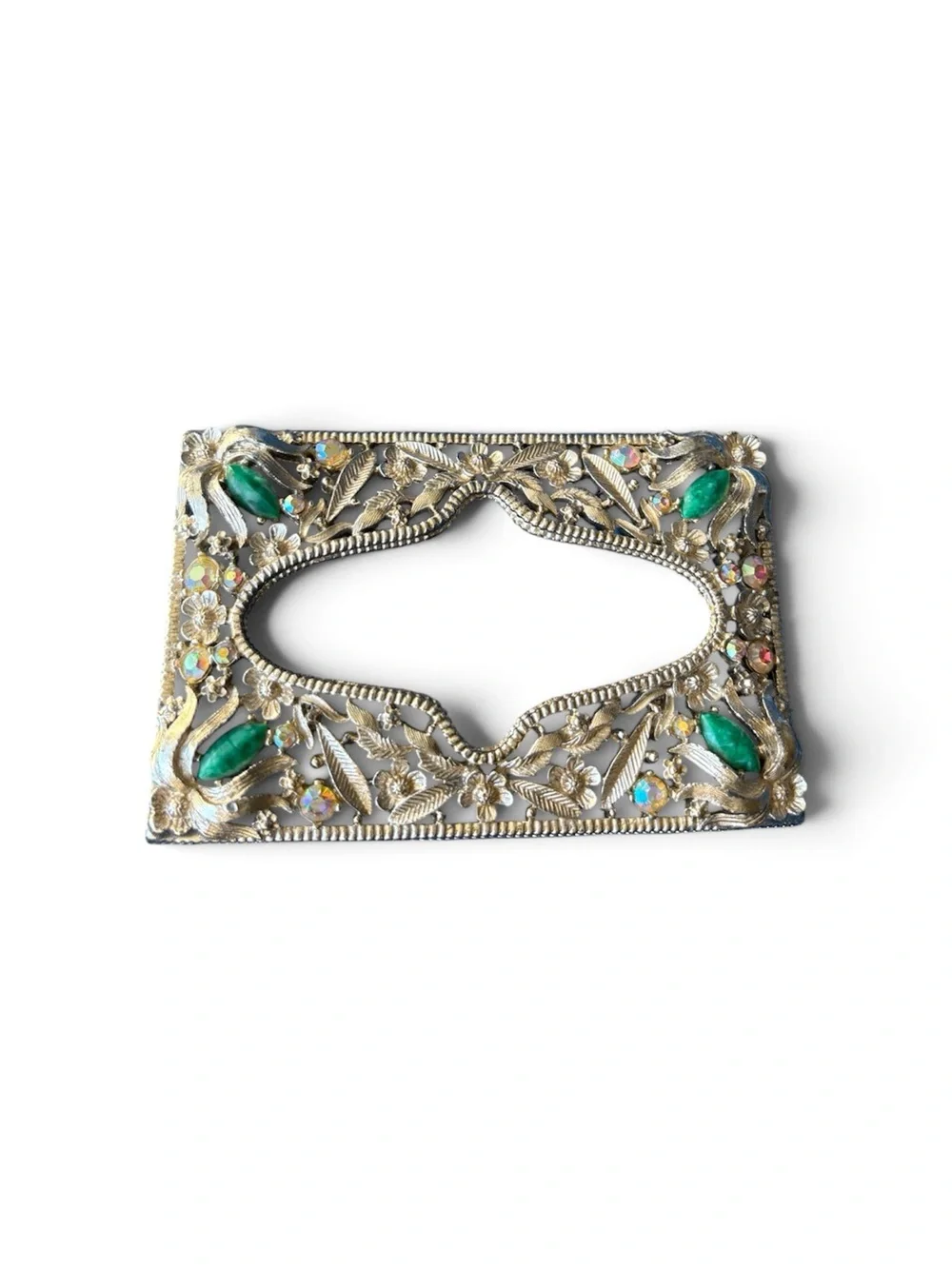 Ornate Silver-Tone Rectangular Brooch with Green Gem Accents